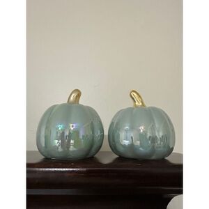 Pistachio Green Holographic Gold Tone Mini Ceramic Pumpkins x 2 3.5 inch / 8 cm